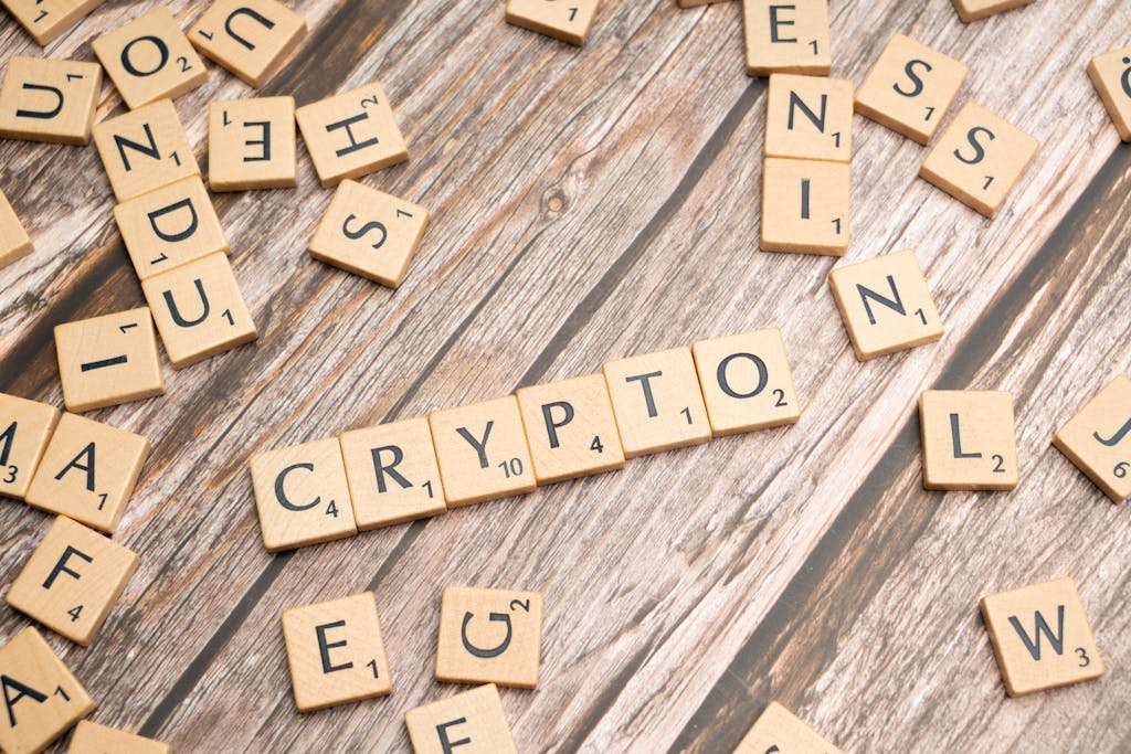 Cryptocurrency scrabble letters on a wooden table