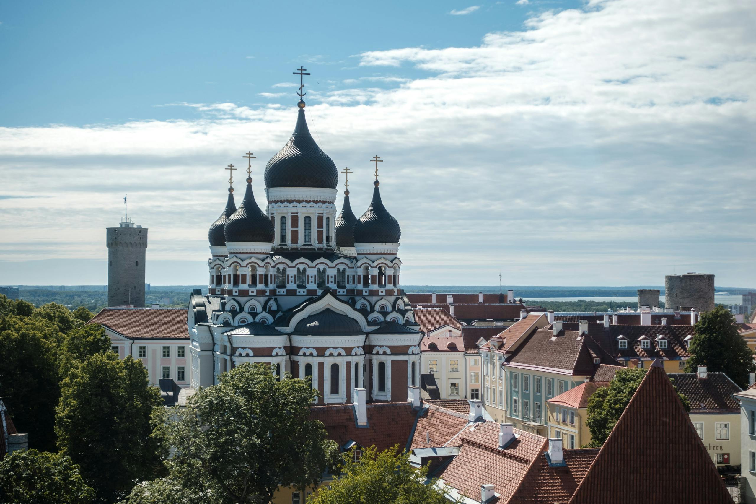 The view of a church from the top of a building