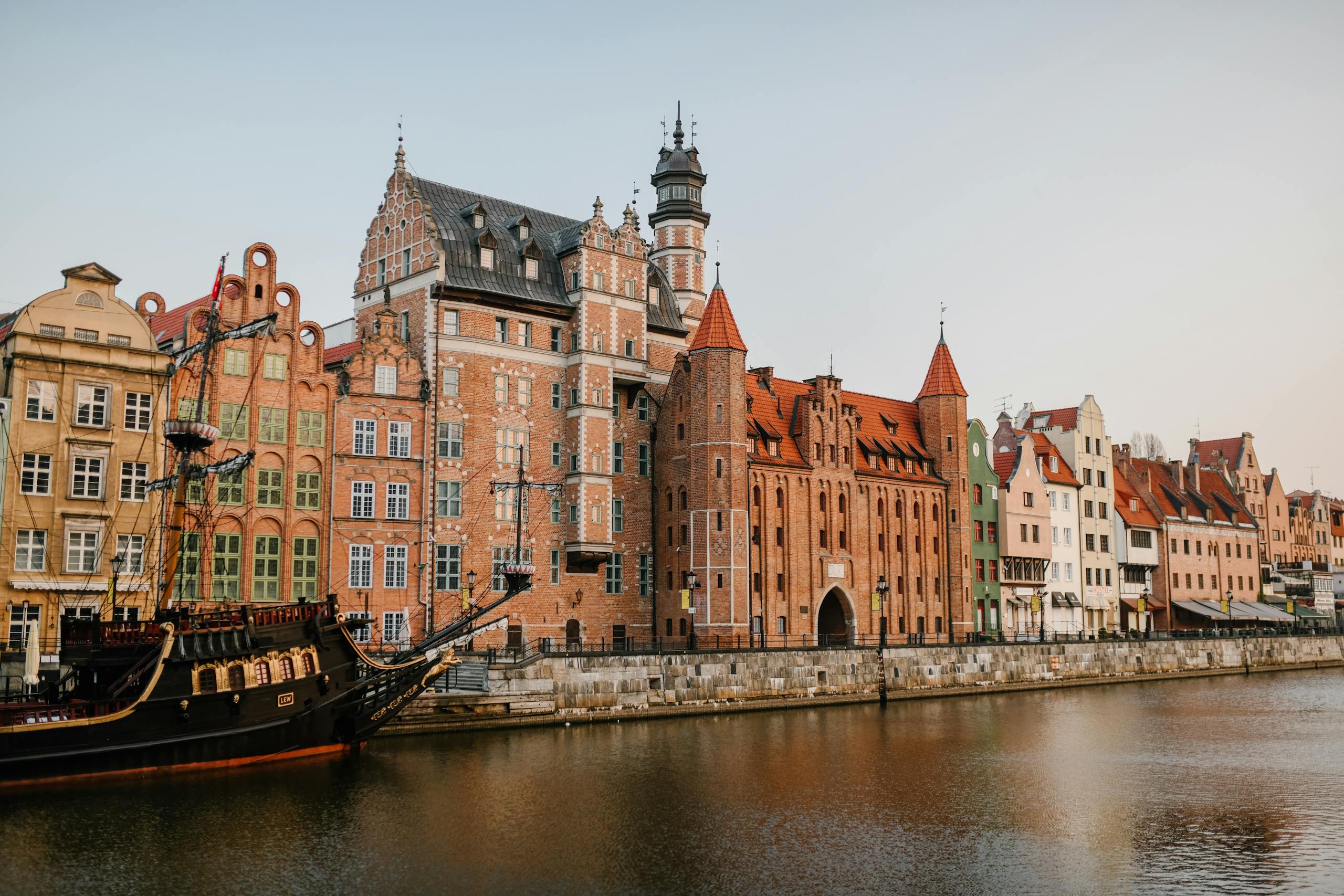 Old European city district on river coast