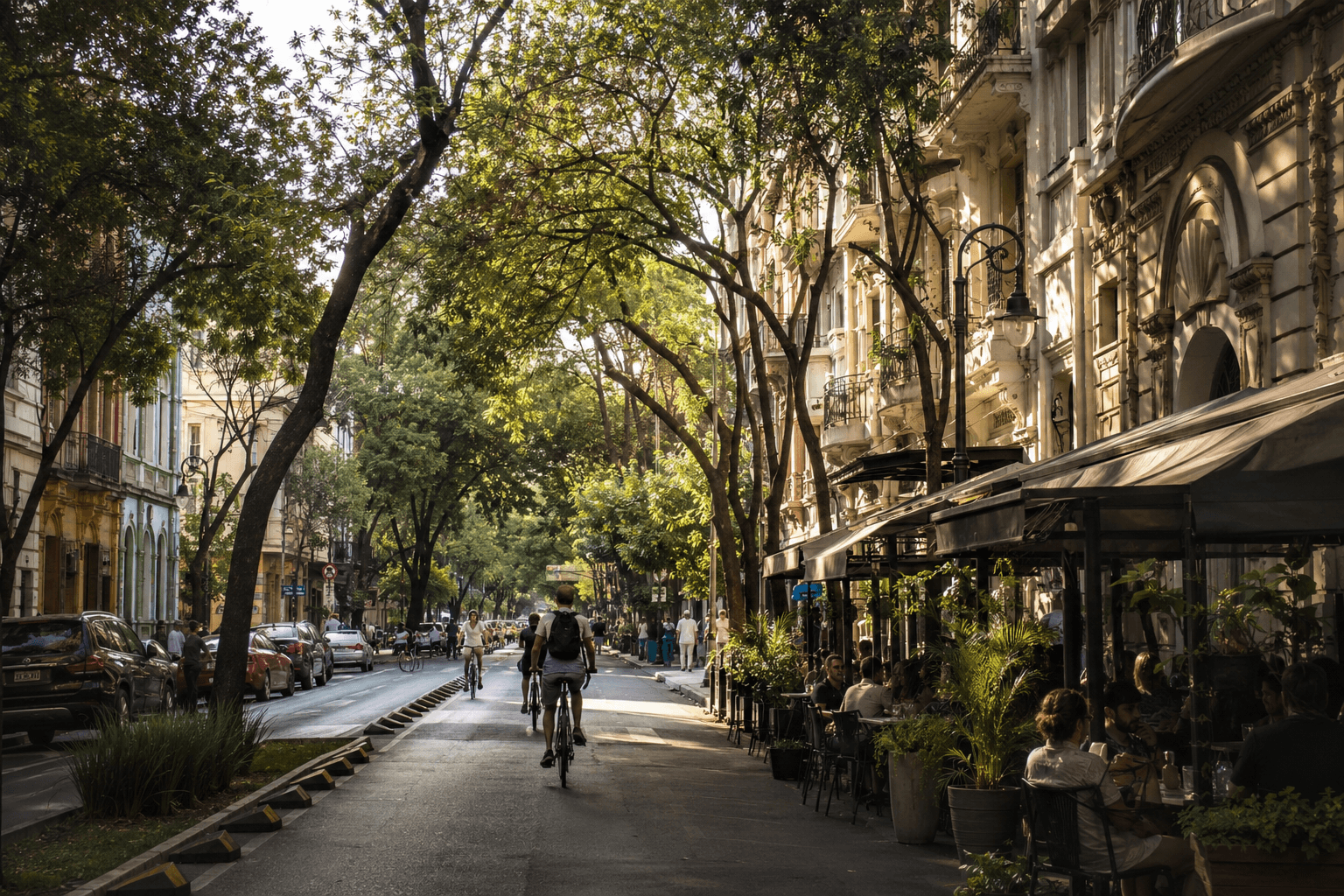 golden afternoon light, a tree-lined boulevard in the Roma Norte neighborhood of Mexico City, Art Deco buildings with ornate facades, people sitting at outdoor café tables under awnings, a few cyclists on the street, warm summer light, no text, photorealistic.